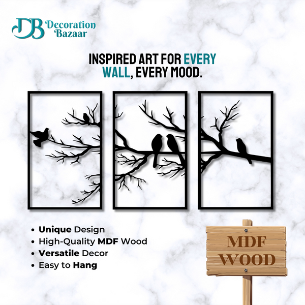 Birds and Branch Tree of Life 3 Panels Wall Art
