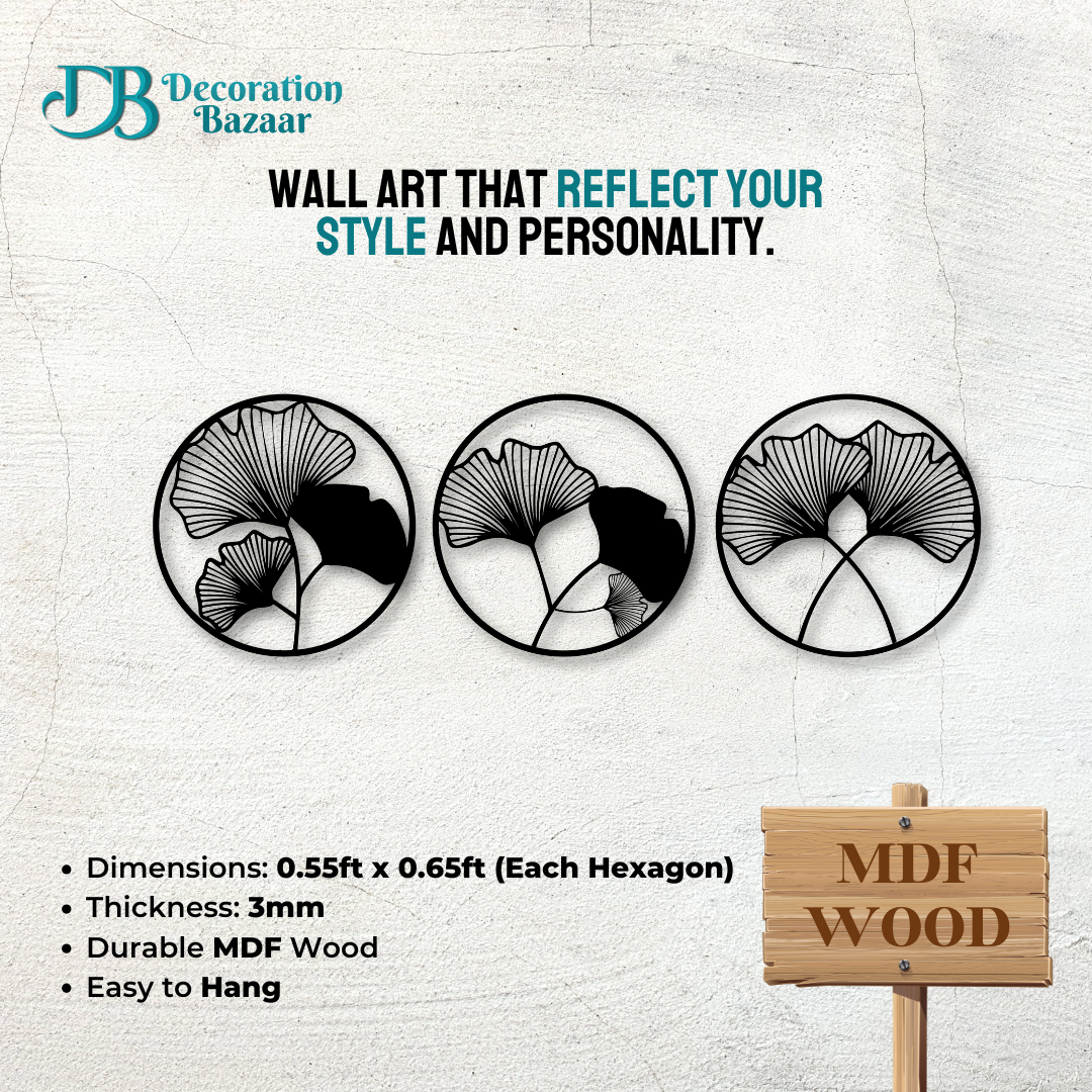 Set of 3 Round Tree Leaf Wall Art with Geometric Flower Design