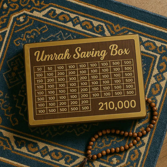 Umrah Saving Box – Wooden Umrah Saving Box – 280 Days Savings Plan – Islamic Halal Money Jar for Hajj & Umrah
