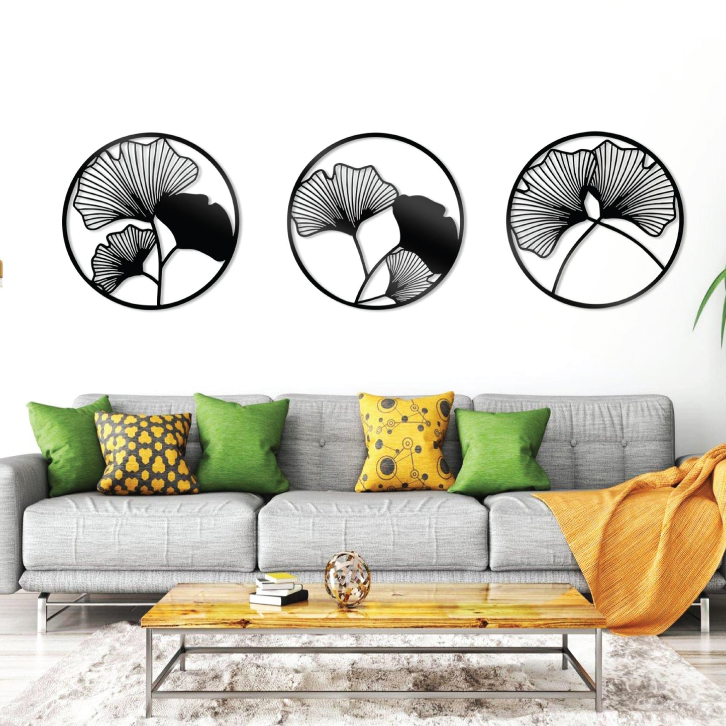 Set of 3 Round Tree Leaf Wall Art with Geometric Flower Design