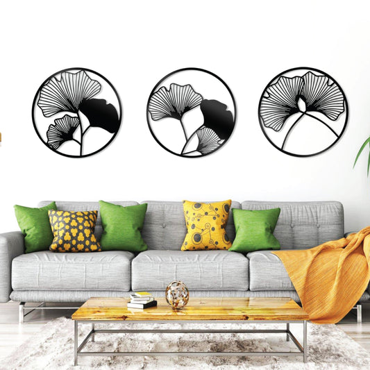 Set of 3 Round Tree Leaf Wall Art with Geometric Flower Design