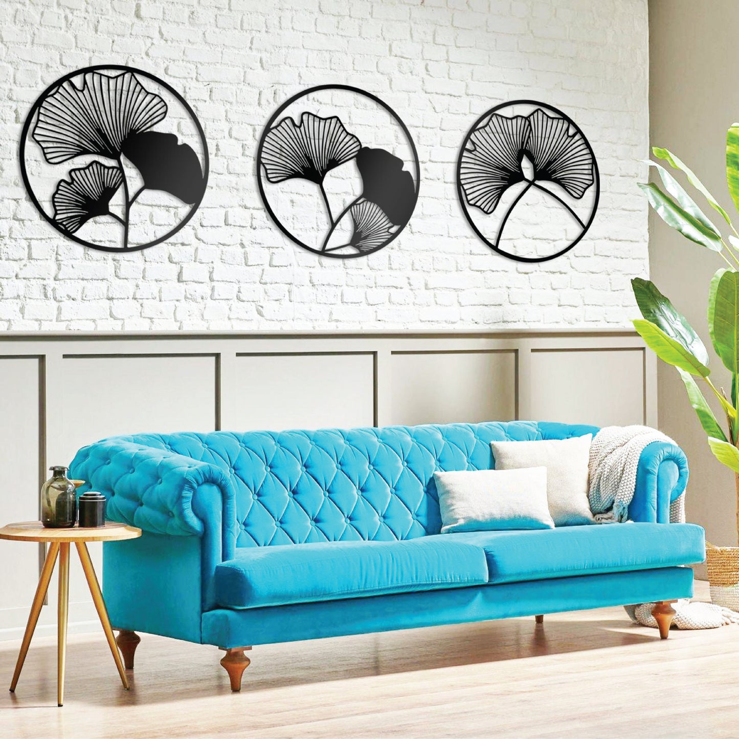 Set of 3 Round Tree Leaf Wall Art with Geometric Flower Design
