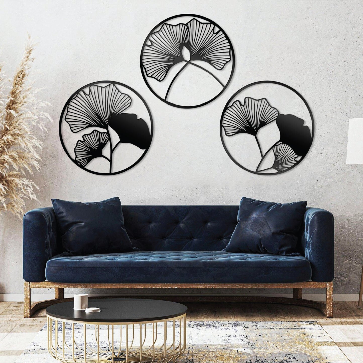 Set of 3 Round Tree Leaf Wall Art with Geometric Flower Design