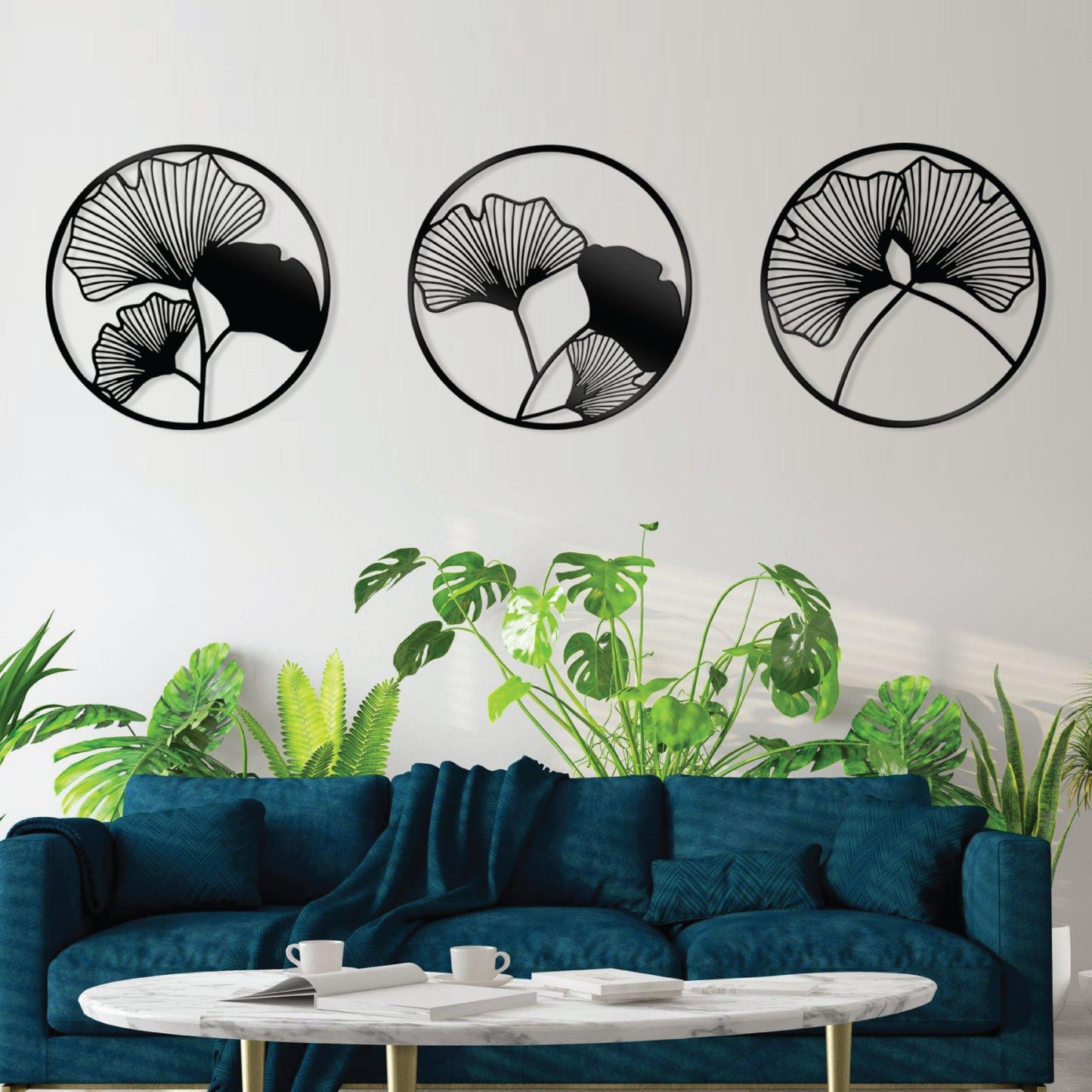 Set of 3 Round Tree Leaf Wall Art with Geometric Flower Design