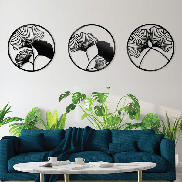 Set of 3 Round Tree Leaf Wall Art with Geometric Flower Design