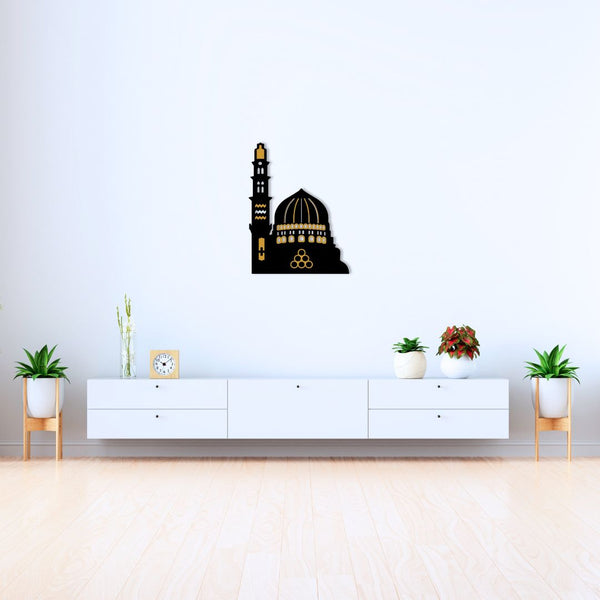 Elegant Masjid-e-Nabvi Wall Art – Black MDF & Golden Acrylic | Islamic Home Decoration (15x12 Inches)