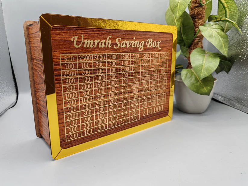 Umrah Saving Box – Wooden Umrah Saving Box – 280 Days Savings Plan – Islamic Halal Money Jar for Hajj & Umrah